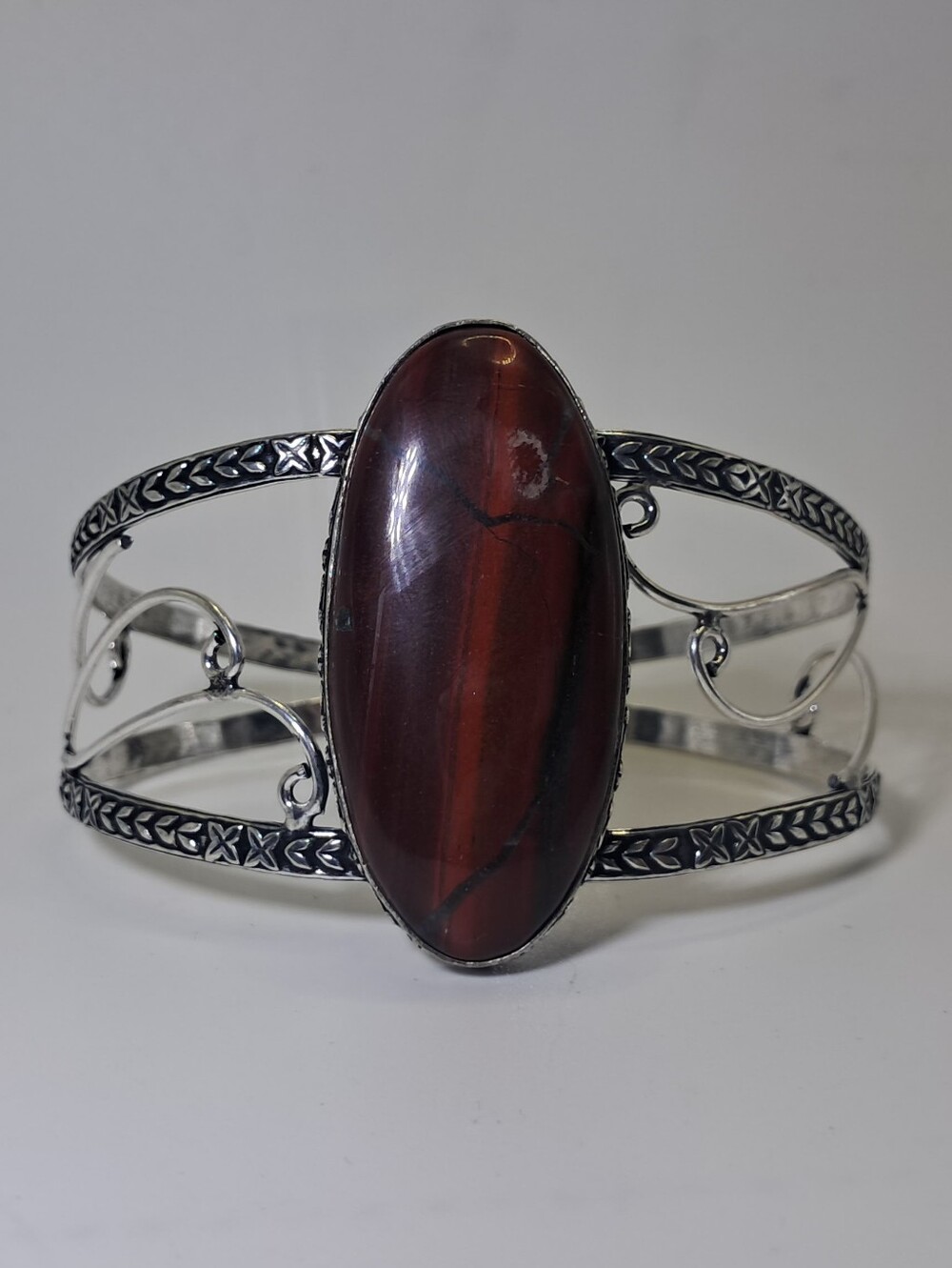 Vintage 925 Sterling Silver Red Tiger's Eye Oval Statement Cuff Bracelet - Picture 8 of 11